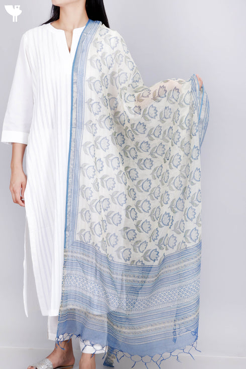 Kota Doria Dupatta In Floral Block Print